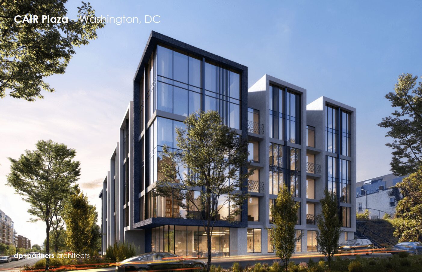 A rendering of the exterior of an apartment building.