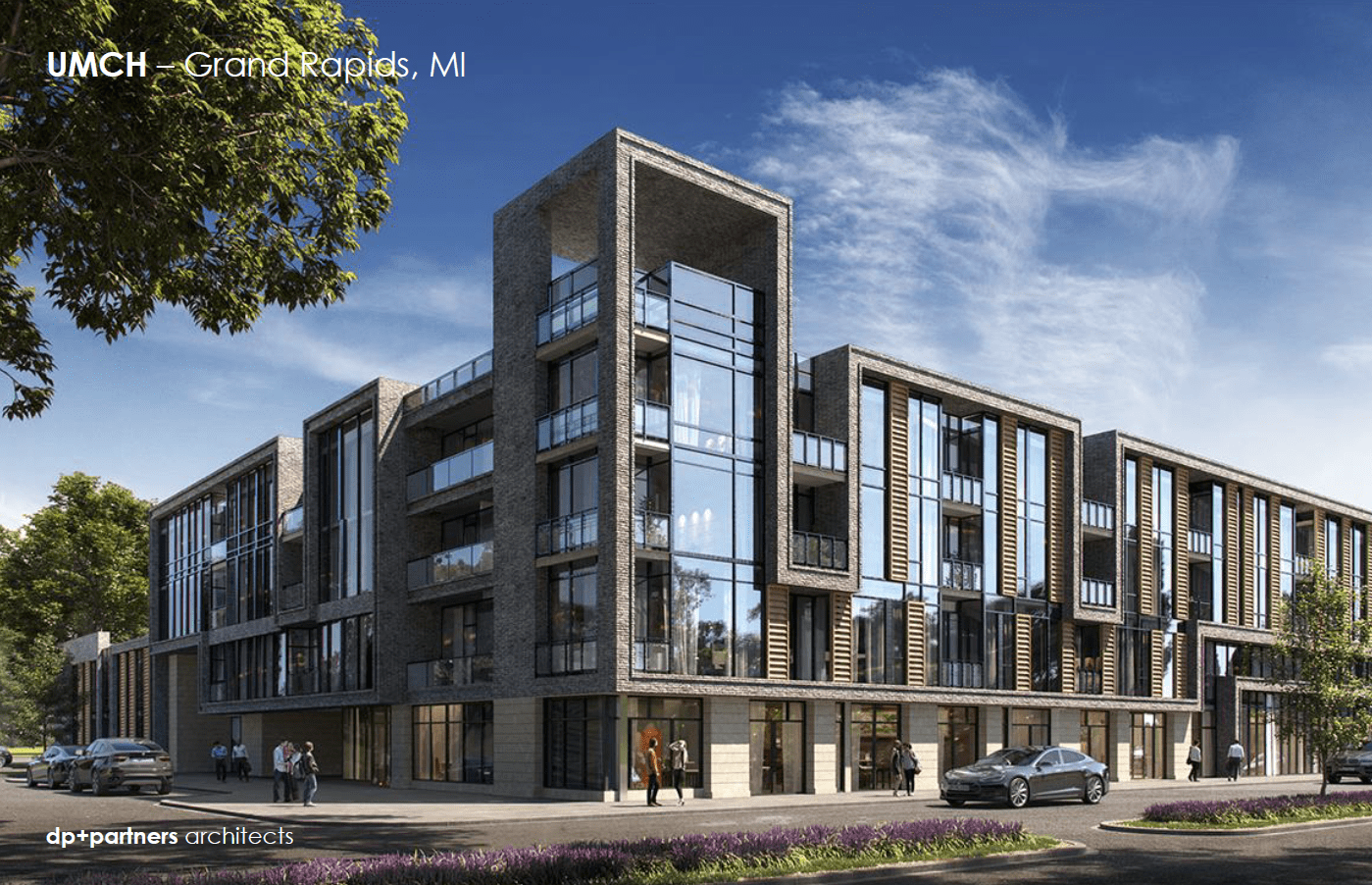 A rendering of the exterior of an apartment building.