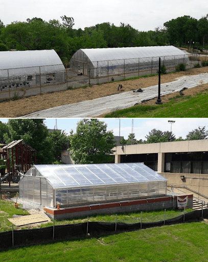 Two pictures of a greenhouse and a building.