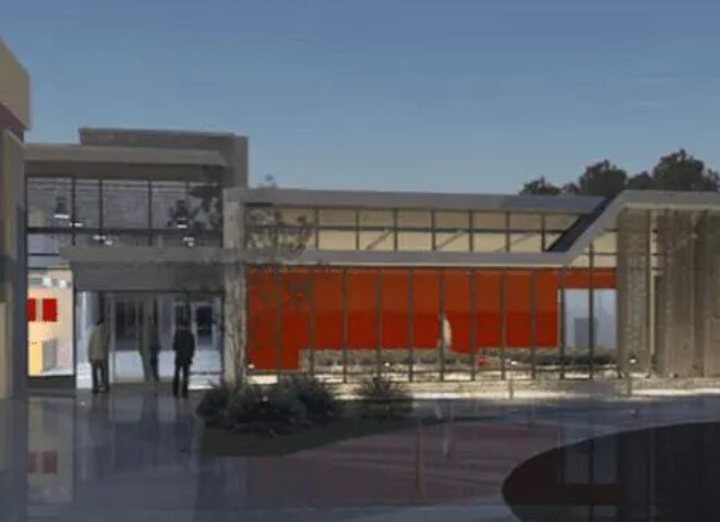 A rendering of the exterior of an office building.